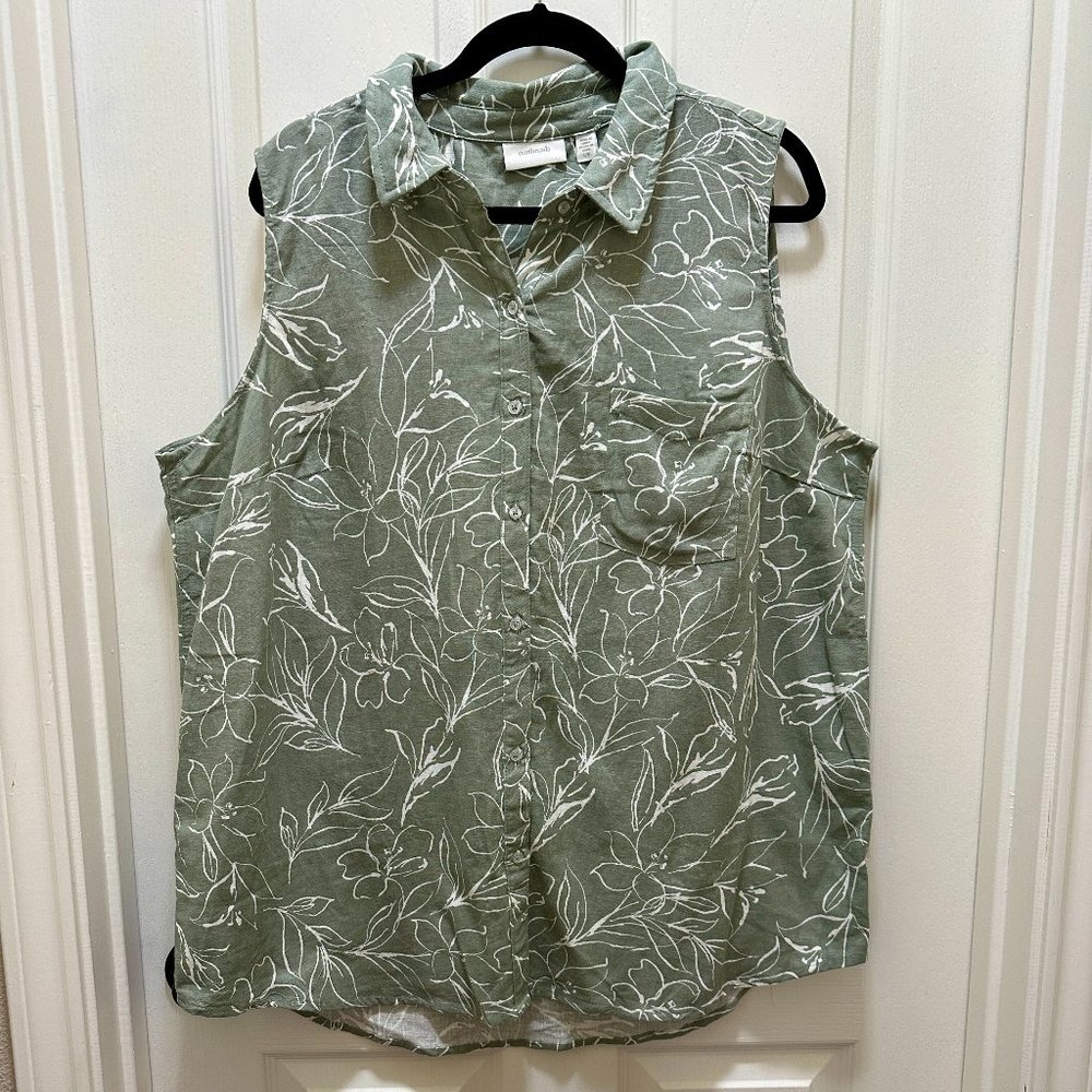 Ecothreads Women's Linen Blend Sleeveless Top Size L Green Floral Boho Chic NEW